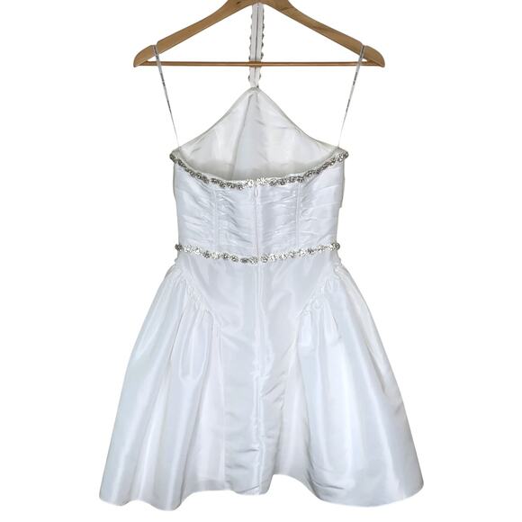 Self-Portrait White Taffeta Diamanté Embellished Trim Halter Neck Mini Dress - Picture 8 of 16